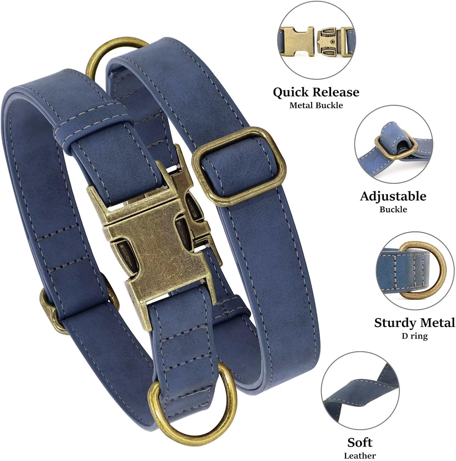 Didog Soft PU Leather Dog Collar, Stylish Quick Released Dog Collar for Large Dogs, Easy Clean Adjustable Pet Collar for Daily Walking, Blue, L Fit 15-23" Neck