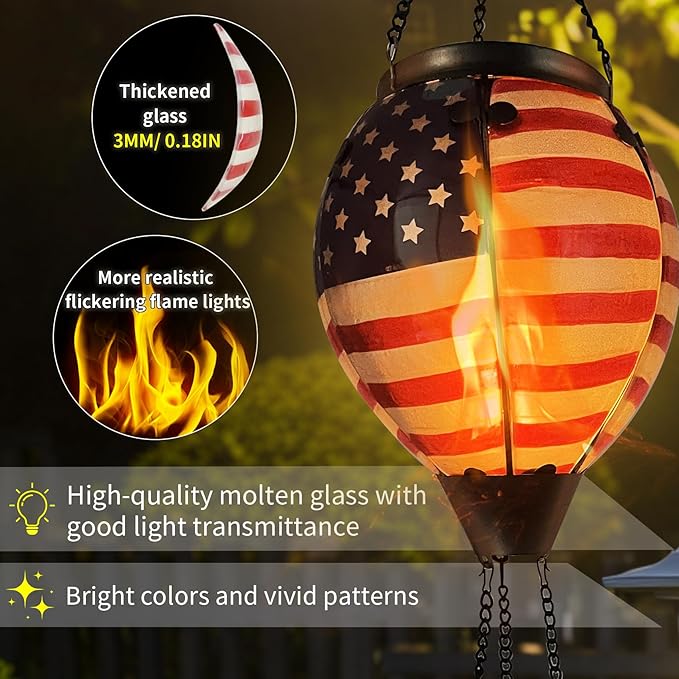 Glass Solar Hot Air Balloon Lantern with Flame Hanging Garden Flickering Light Outdoor Waterproof for Yard Patio Tree 4th of July Decorations, Flag