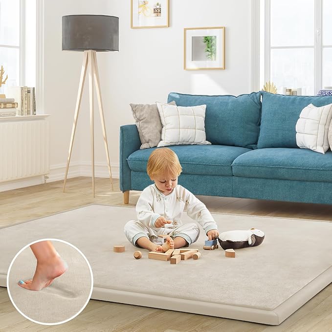 Baby Play Mat for Floor Tummy Time Mat Nursery Muscle Area Rug Playroom Rug Tatami 59"*71" Memory Foam 1.3" Thick Crawling For Babies,Toddlers, Infants, Kids,Floor(Beige)