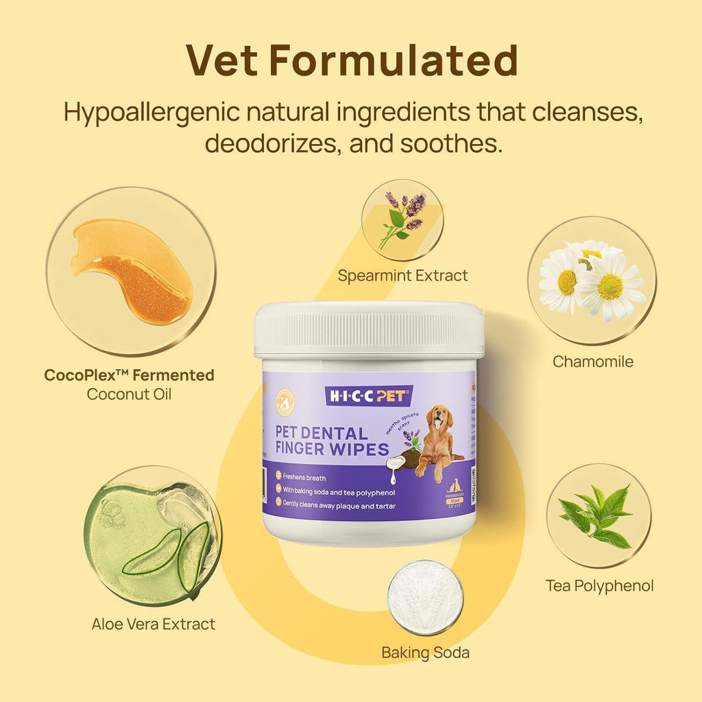 HICC Pet Teeth Cleaning Wipes for Dogs & Cats, Remove Bad Breath by Removing Plaque and Tartar Buildup, Disposable Dog Finger Toothbrush Gentle Pet Dental Care Wipes, 50 Counts, (Mentha Spicata Scent)