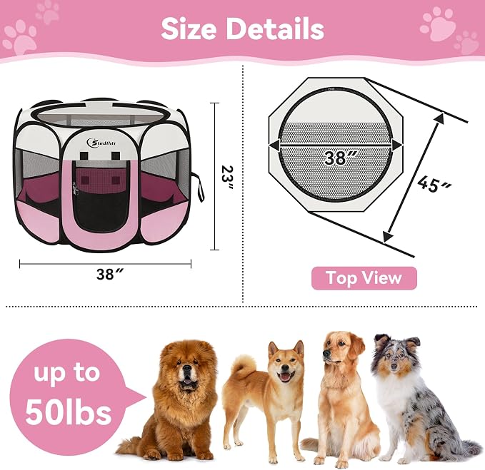 Siedihit Pink Puppy Playpen for Large Dog Cat, Dog Tent Crates Cage - Image 3