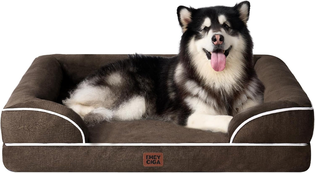 EHEYCIGA Orthopedic XL Dog Beds, Waterproof Memory Foam Dog Bed for Extra Large Dogs, Non-Slip Bottom and Egg-Crate Foam Big Pet Couch Bed with Washable Removable Cover, Brown