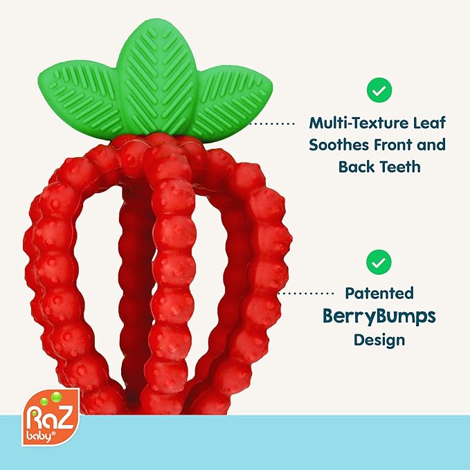 RaZbaby Bites Silicone Baby Teething Toy – Sensory Toy with Textured BerryBumps for Teething Relief, Easy-to-Hold Fruit Shape, BPA-Free, Soothes Front & Back Teeth – Gift for Babies, 3 Months+, Blue
