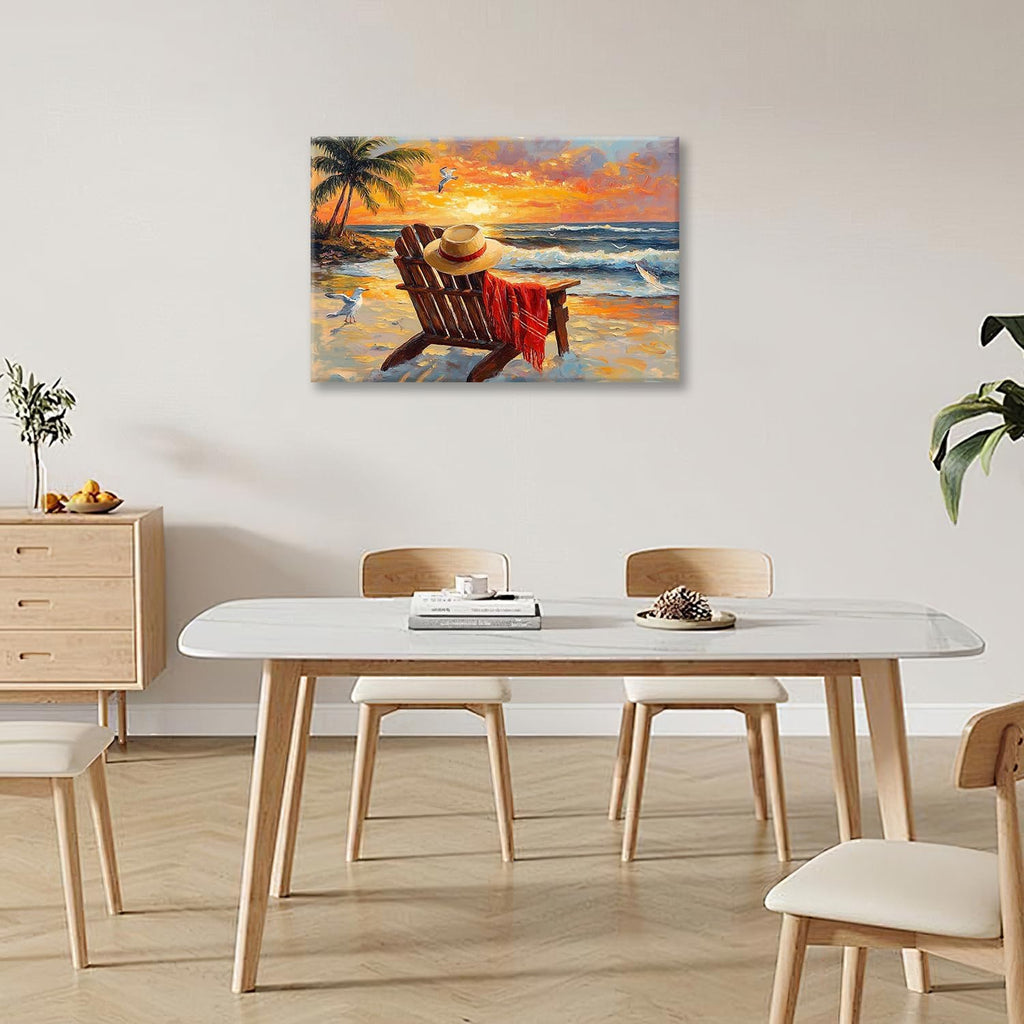Beach Coastal Bathroom Pictures Wall Art, Seaside Ocean Bathroom Wall Decor, Sunrise Palm Framed Painting Canvas Artwork for Bedroom Living Room Decorations 24"L x 16"W