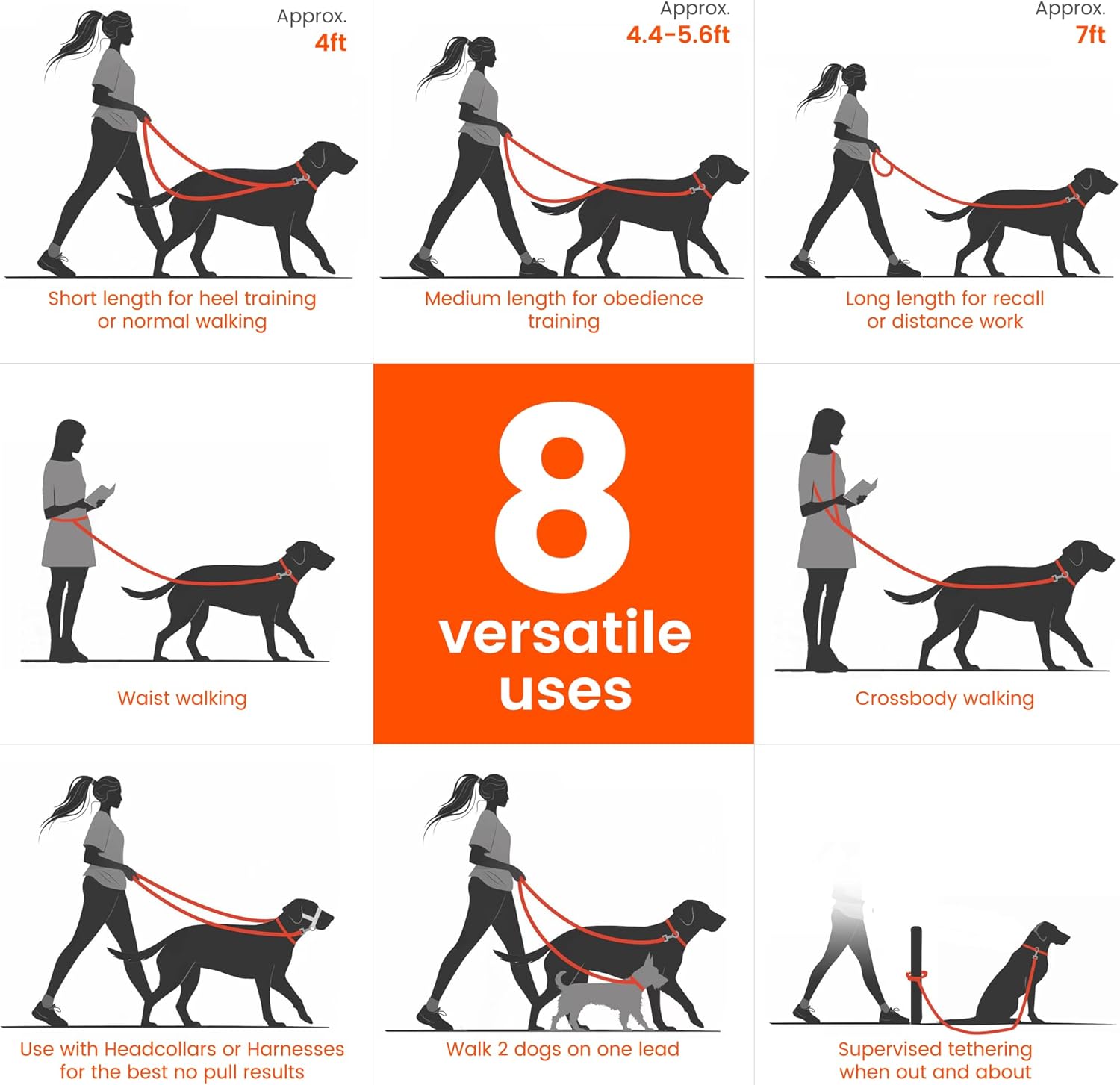 HOWGO 8-in-1 Multifunctional Hands Free Dog Training Leash with Padded Handle, 8.5 FT Nylon Adjustable Length, Lightweight Aviation Aluminum, Crossbody Waist Leash for Puppy Medium Large Dogs (Red)