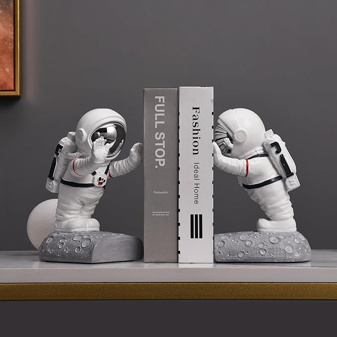 Book End Holder, Astronaut Bookends Outer Space Themed Astronaut Figurine Decorative Book Stoppers to Hold Books Heavy Duty Bookshelf Ends for Kids Rooms Space Decor Bookends (A-Silver Color)