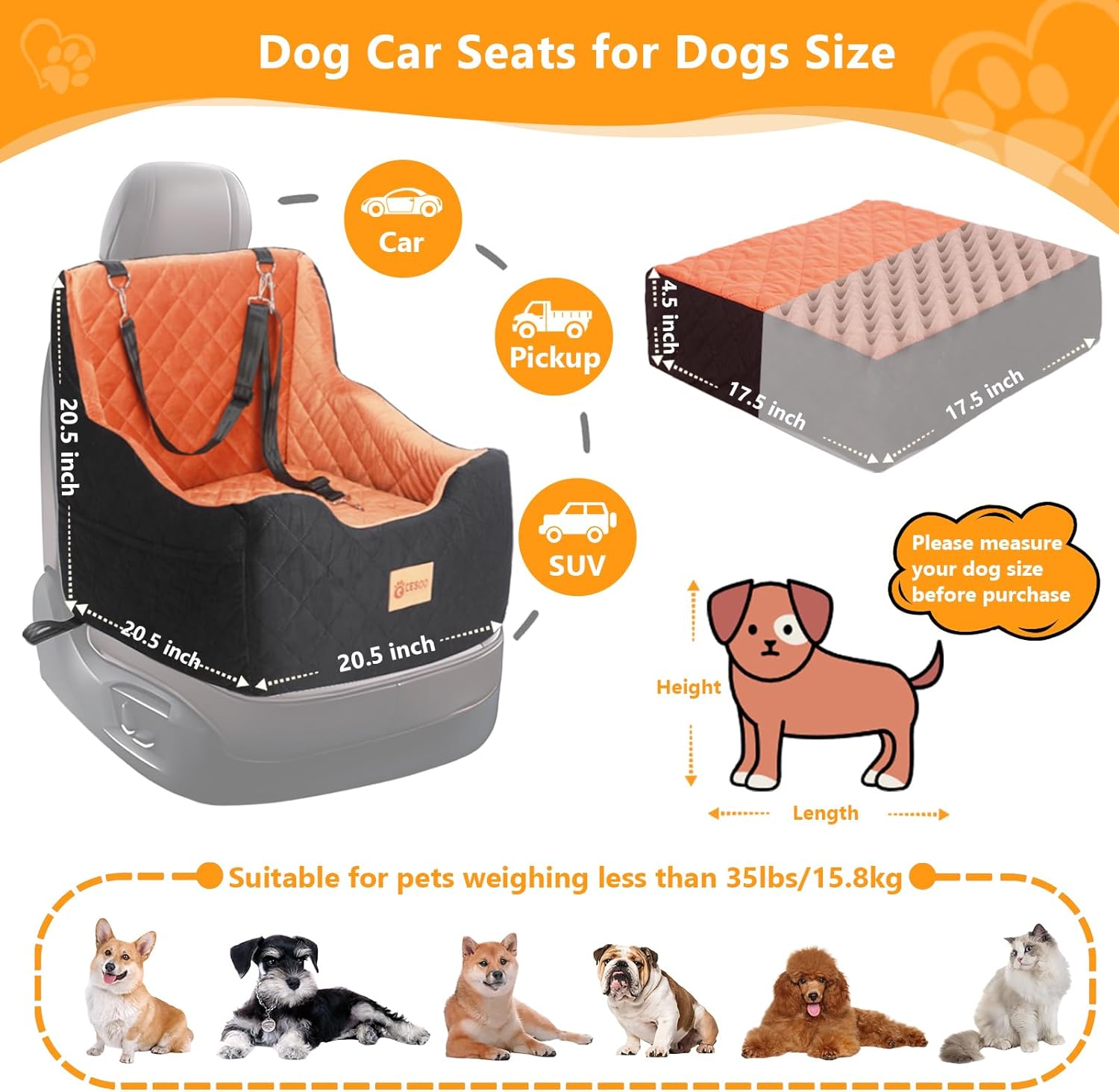 Dog Car Seat for Small/Medium Dogs Under 40lbs, Dog Booster Car Seats Memory Foam and Velvet, Detachable and Washable Pet Booster Carseats with Clip-On Satebelt and Storage Bag.(Black/Brown)
