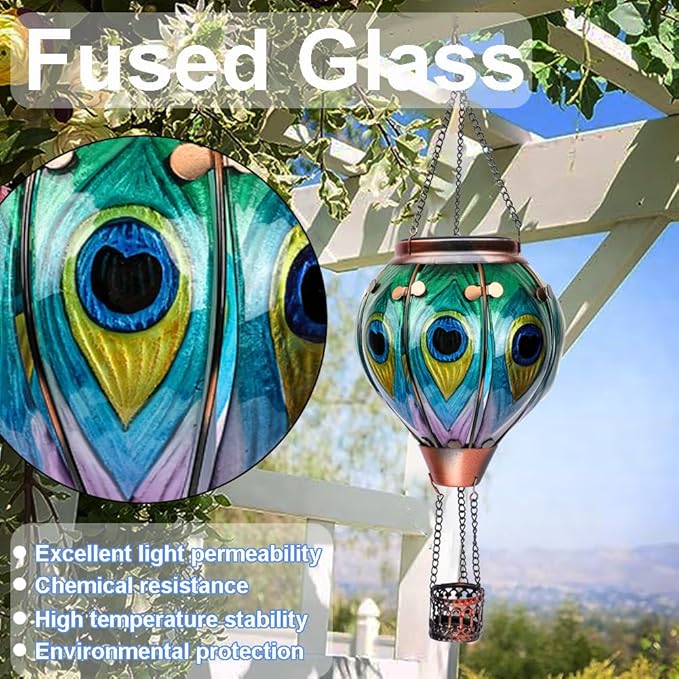 Hot Air Balloon Solar Lantern, Peacock Hanginng Lights, Glass Solar Lantern Waterproof for Outdoor Garden Decor