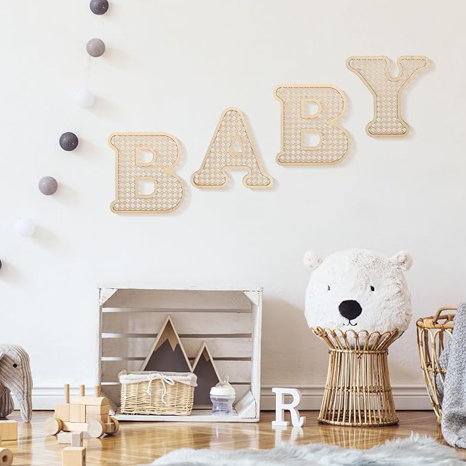4 Pcs Rattan Wood Baby Letters - Boho Nursery Decor for Baby Shower | Rustic Alphabet Letter Home Decoration for Newborns & Birthday Gifts | Perfect Table Centerpiece for Toddler Girls & Boys