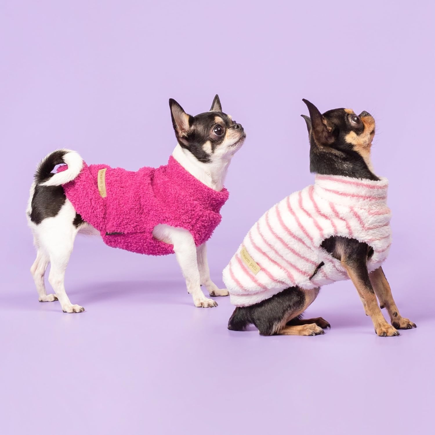 Fitwarm 2 Pack Striped Fleece Dog Sweater, Warm Winter Dog Clothes for Small Dogs Girl, Fuzzy Turtleneck Pet Outfit, Doggy Pullover Jumper, Rose Pink, White, Light Pink, Small