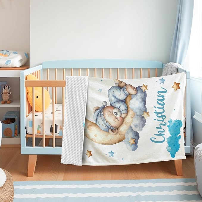Personalized Baby Blanket with Name, Customized Blanket for Newborn Boys Girls, Sleepy Bear Theme Baby Name Blanket with Dotted Backing, Receiving Swaddle, Baby Shower Birthday Gifts(30”x40)