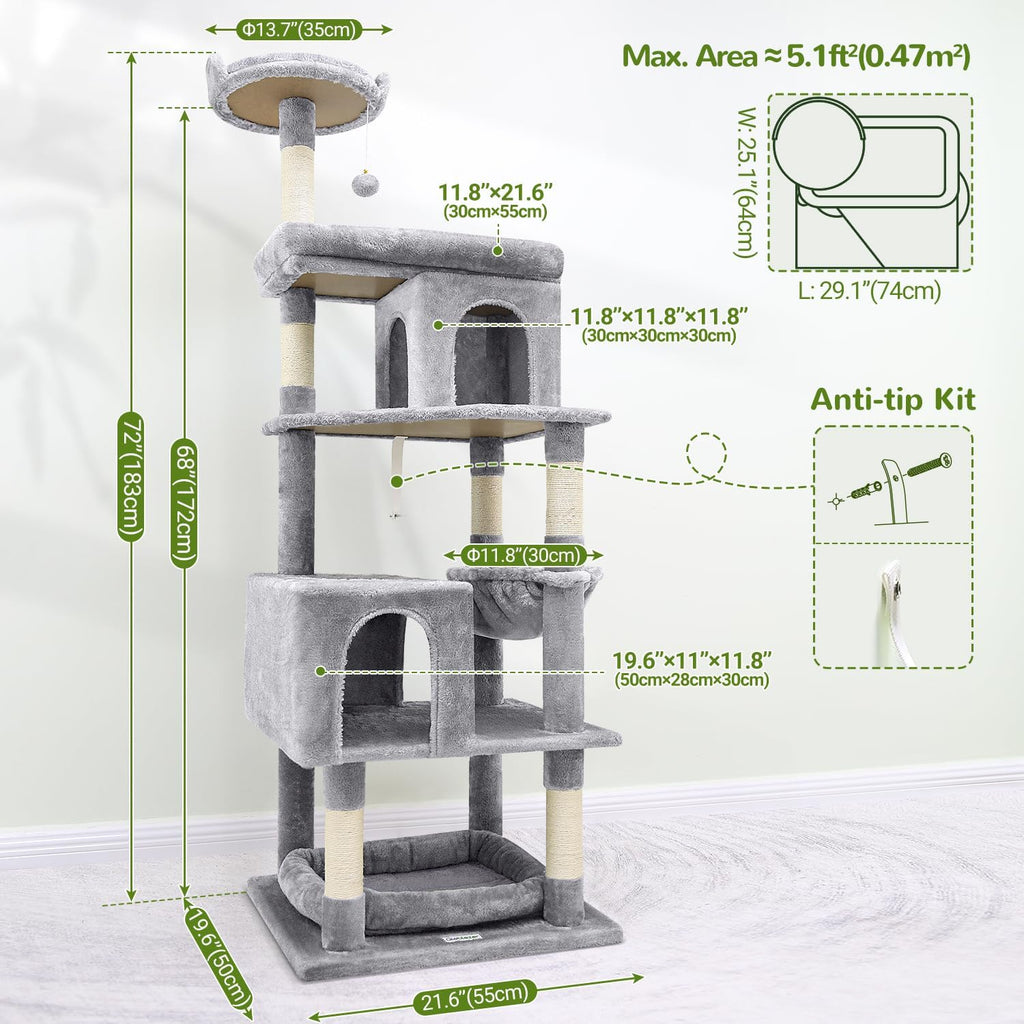 Globlazer Heavy Duty Cat Trees for Large Cats, Sturdy 72in Maine Coon Cat Tree for Large Cats 20 lbs+ Heavy Duty Cat Tower for Adult Biggest Cat with 6 Scratching Posts, Hammock, S72, Light Grey