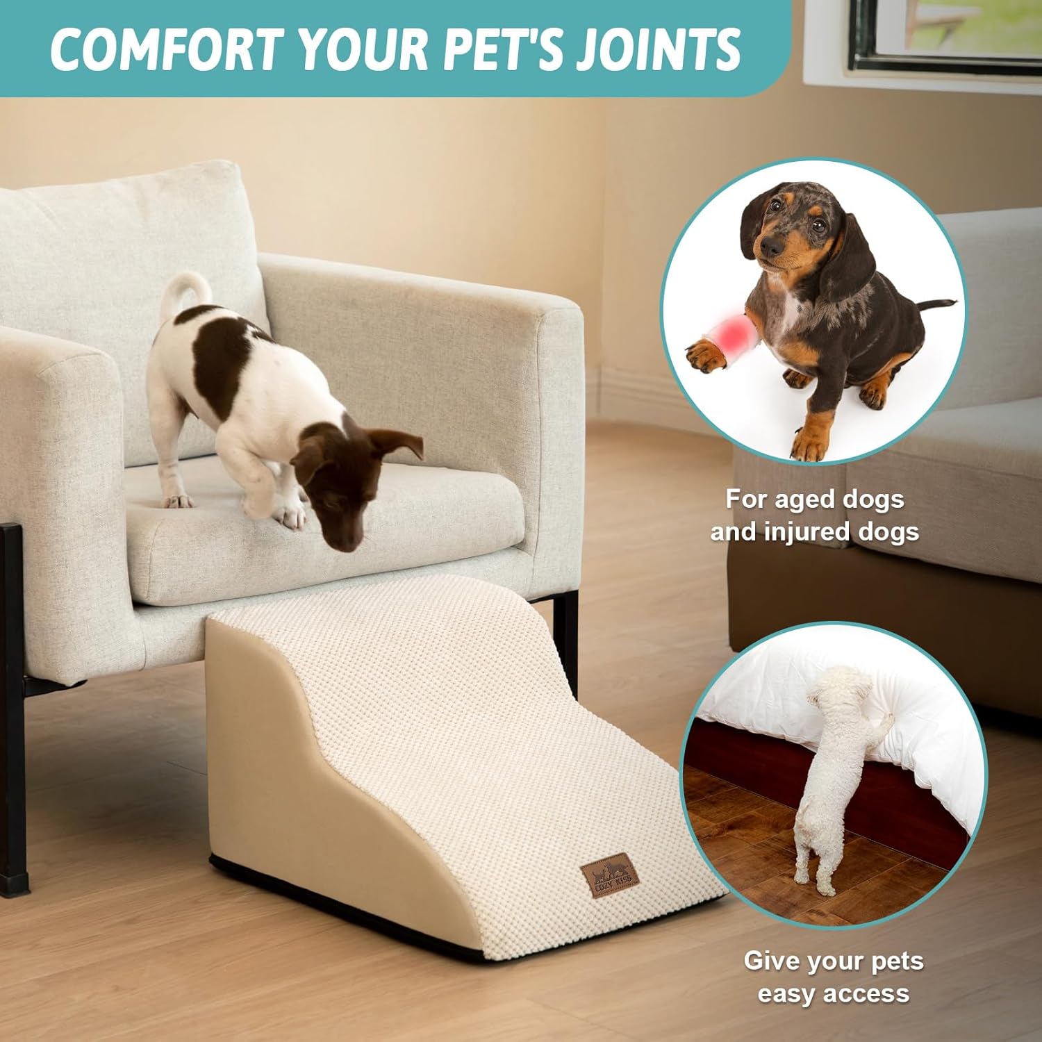 Dog Stairs for Small Dogs 11.8" H, Pet Step with Leakproof Cover, High Density Foam Cat Ramp for Chair or Sofa, Lightweight, Durable, Comfort, 15.7x19.7x11.8 inch, 2 Tiers, Beige