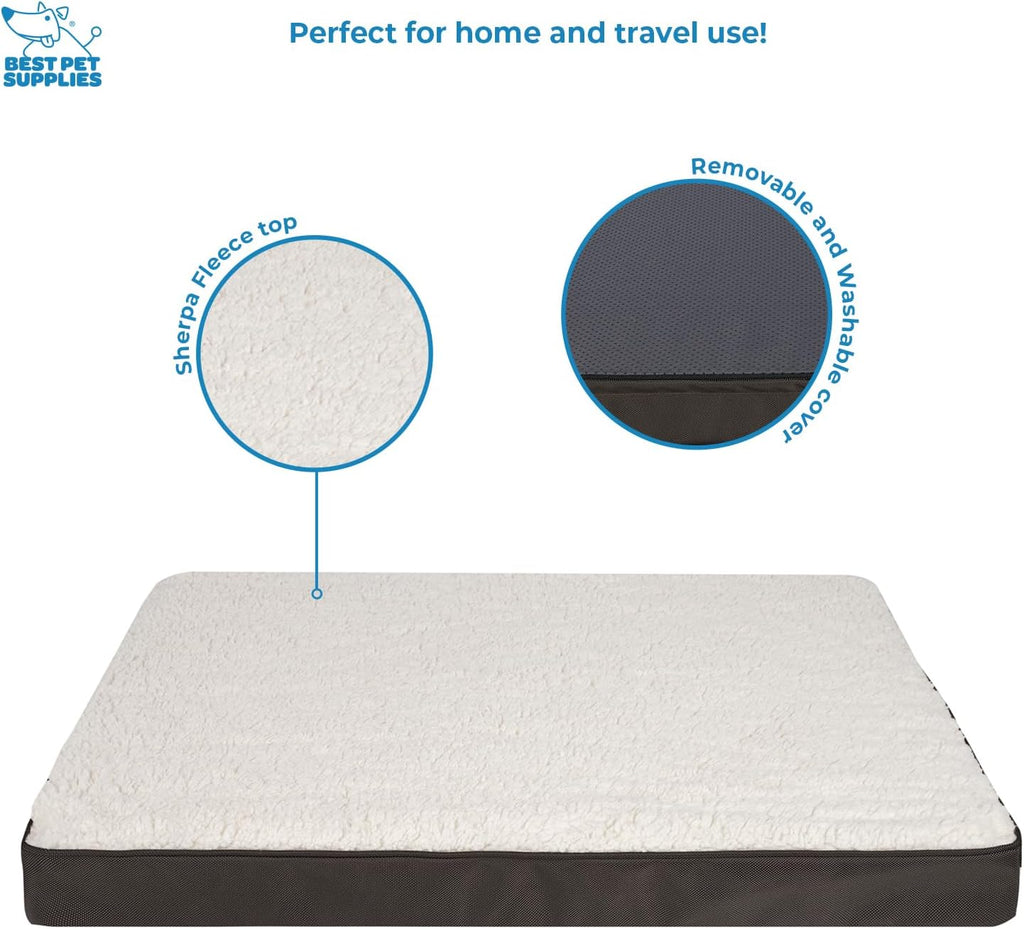 Best Pet Supplies Cute Dog Crate Mat Flat Bed with Waterproof Exterior, Thick Orthopedic Egg Foam Mattress, and Soft Sherpa Fleece Cover for Small, Medium, and Large Breeds - Brown, 35X22X4