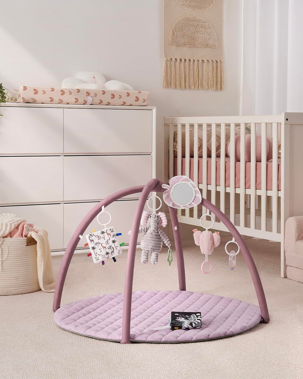 Blissful Diary Baby Play Gym Mat, Tummy Time Activity Mat with 6 Detachable Toys for Stage-Based Sensory & Motor Skill Development, Easy to Install & Clean, Baby Essentials Gift, Lavender Pink