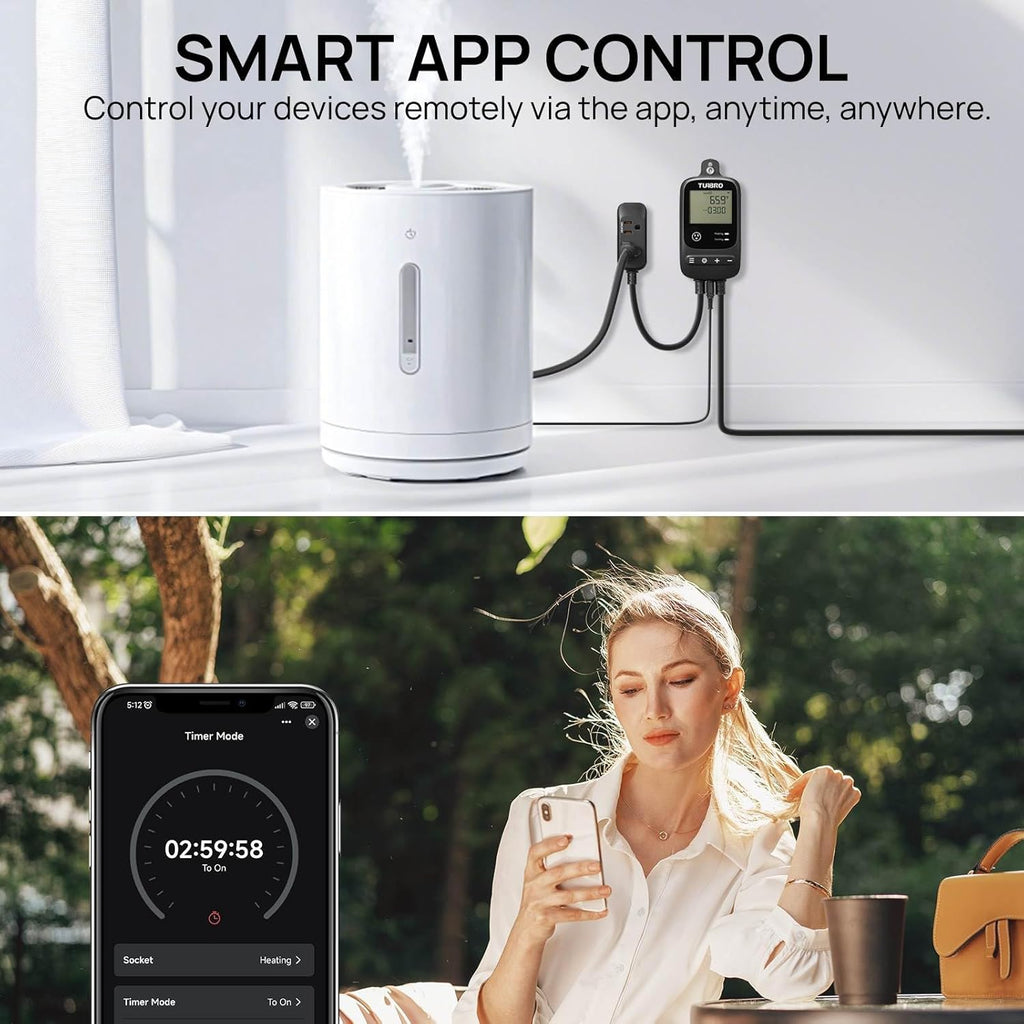 [2 Pack] TURBRO Smart Temperature Controller Heating Cooling, WiFi-Enabled Thermostat with Timer and Temperature Monitoring for Home Brewing, Seedling, Greenhouse, and Reptile Terrarium