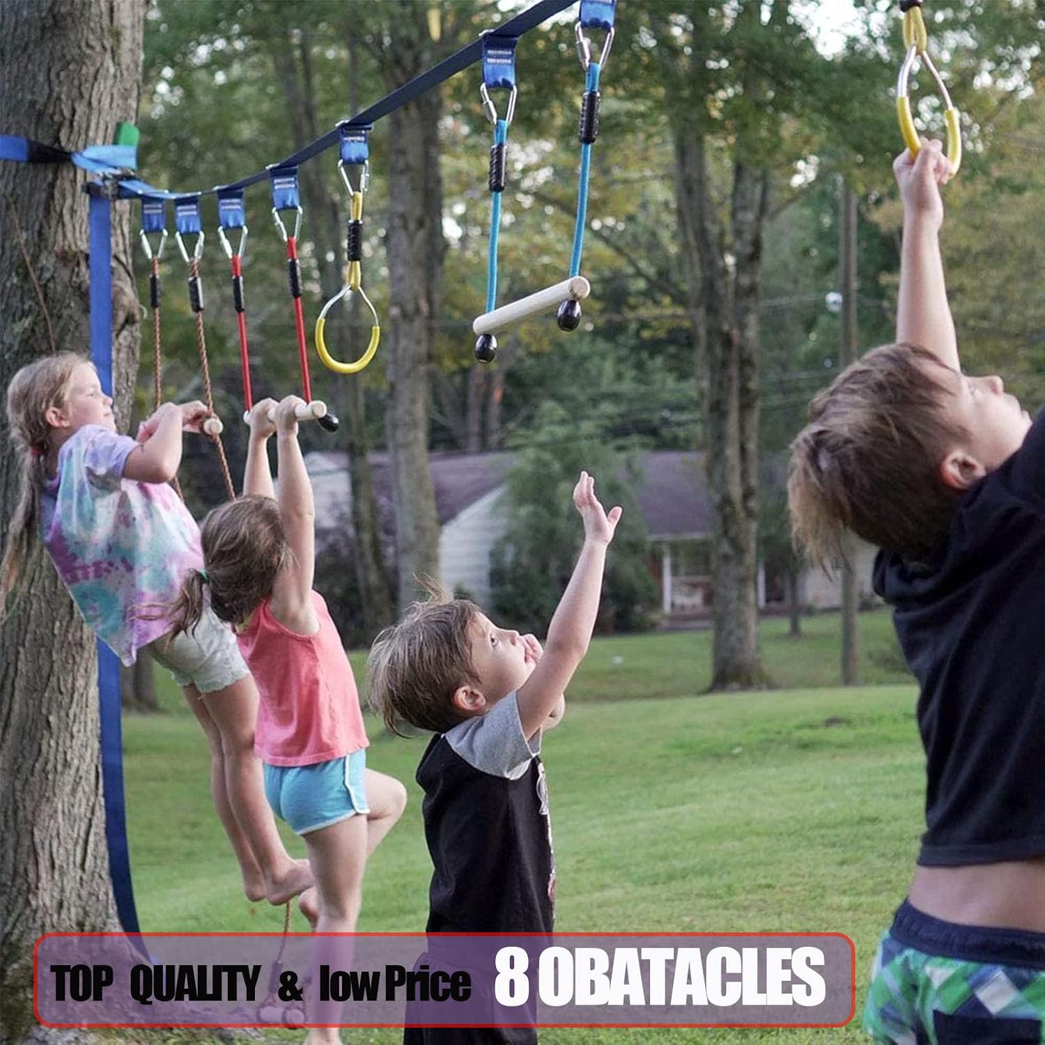 2×56ft Ninja Warrior Obstacle Course for Kids - 600 lbs Weight Capacity, Slackline Obstacle Course with 8 Ninja Accessories - Monkey Bar, Rope Ladder, Gymnastic Ring, Arm Trainer and Monkey Fist