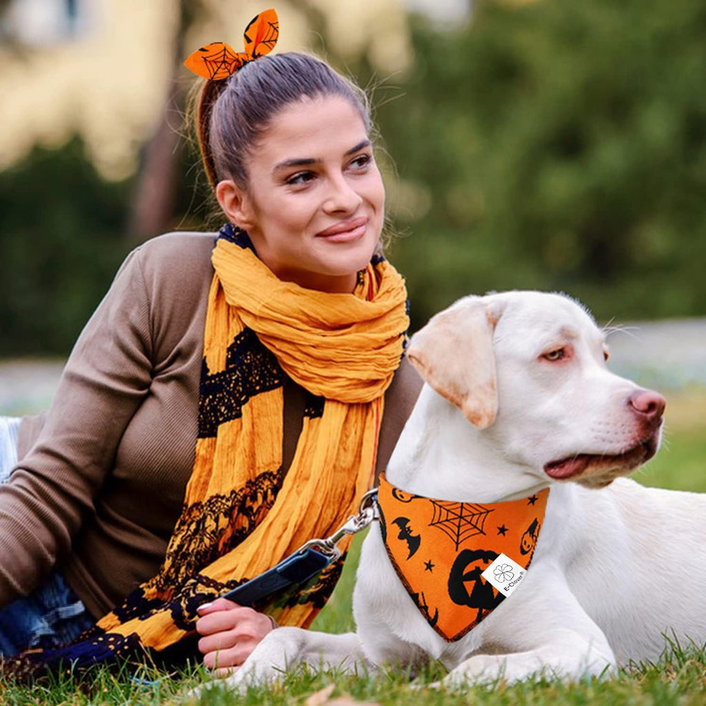 E-Clover Halloween Dog Bandanas & Matching Scrunchie Set Pumpkin Dog Bandana Triangle Pet Bibs Scarf Outfit for Small Medium Large Dogs Owner Orange Fall