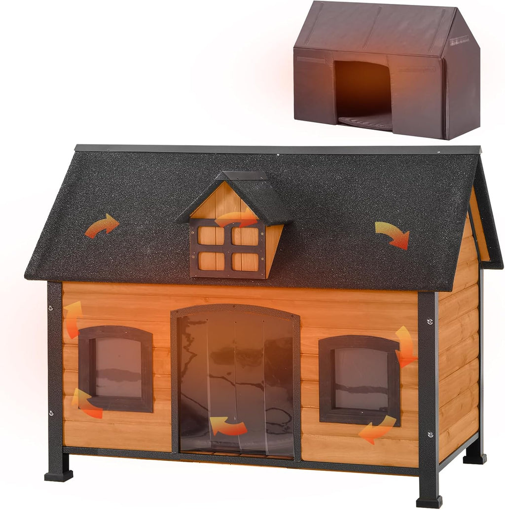 Aivituvin Dog House with Insulated Liner Anti-Chewing Metal Frame Design Insulated Wooden Dog Kennel with Unique Design Roof, Weatherproof Dog House for Outdoor Indoor