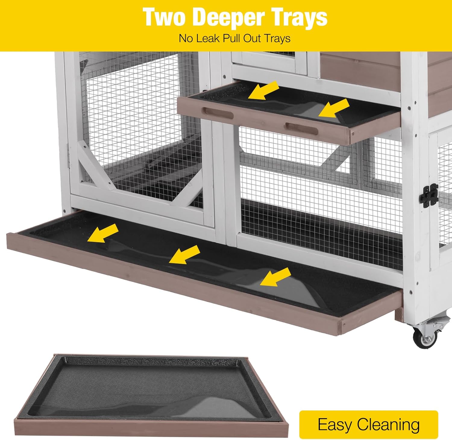 Aivituvin Rabbit Cage Indoor Outdoor Bunny Hutch on Wheels, 2 Story Wood Guinea Pig Cages with 2 Deeper Pull Out Trays
