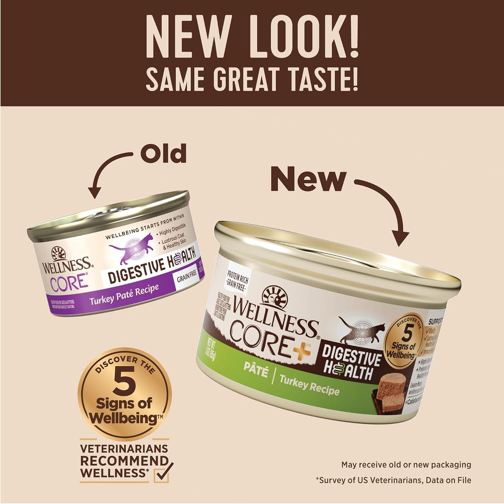 Wellness CORE+ Digestive Health Pate Adult Wet Cat Food, Natural, Protein-Rich, Grain Free, 3 Ounce, 12 Pack (Turkey)