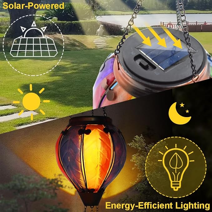 Hot Air Balloon Solar Lantern with Flickering Flame, Glass Hanging Garden Lights Outdoor Waterproof for Tree Yard Patio Mother's Day Gift, 18" H Colorful-A