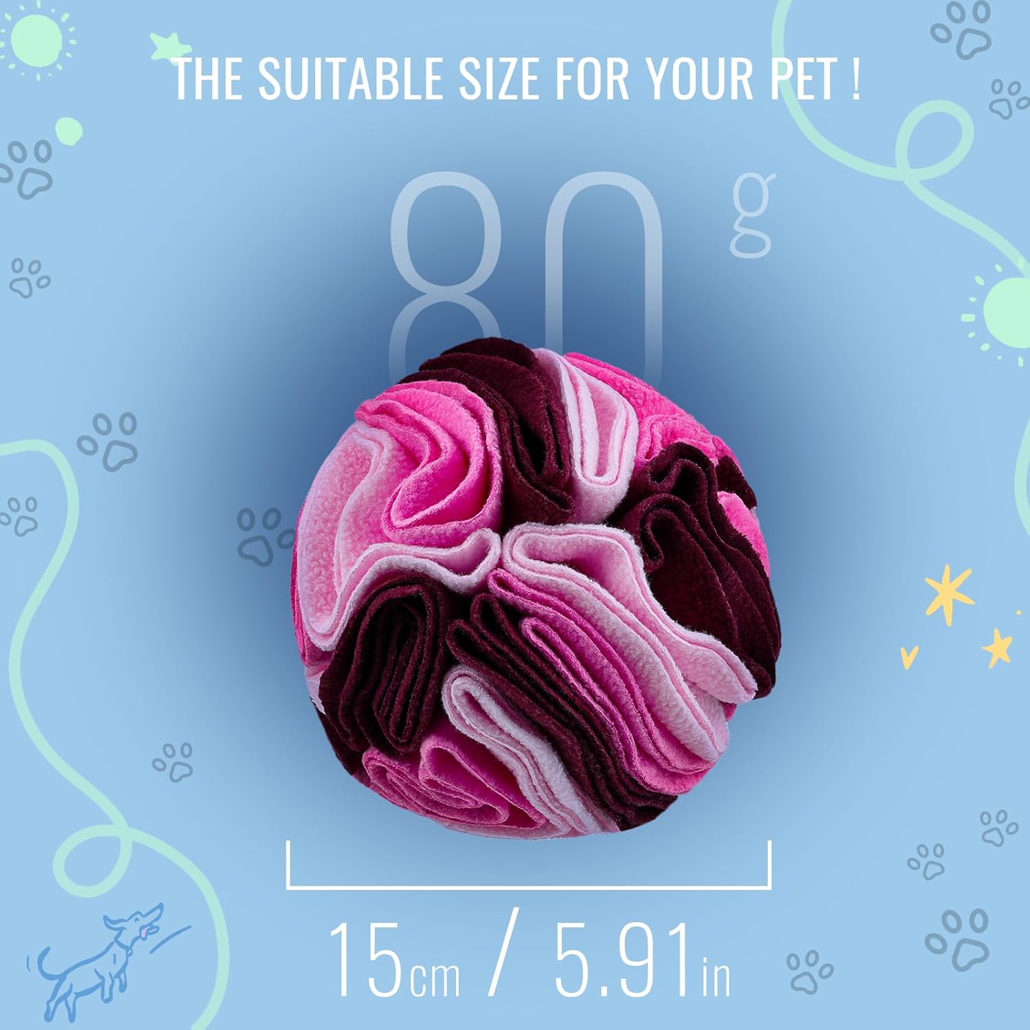 Pet Snuffle Ball, Puzzle Sniffing Interactive Dog Ball for Blind Dogs Training Stress Relief Dog Enrichment Toys Treat Machine Washable (15cm, Fantasy Pink)