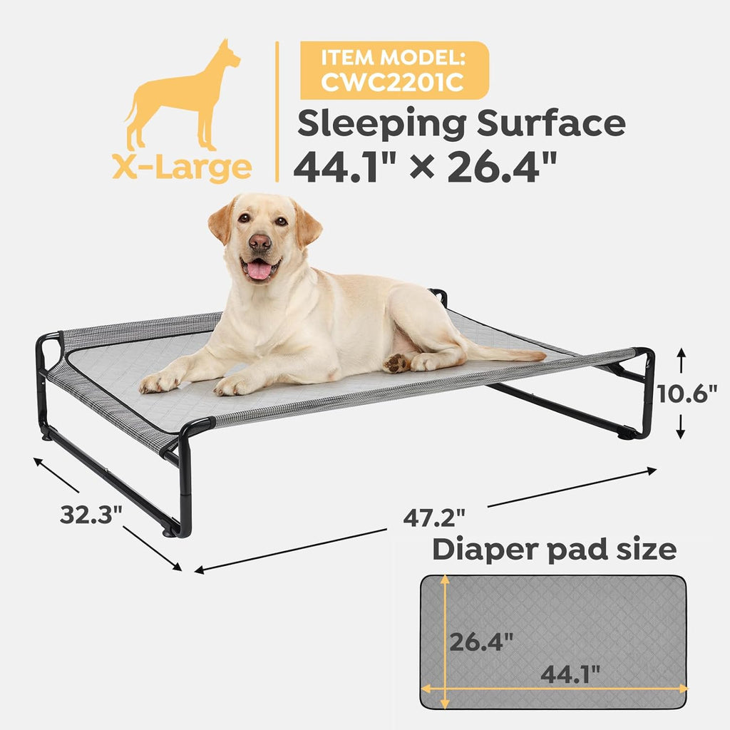Veehoo Original Outdoor Elevated Dog Bed, Cooling Raised Dog Cot for Large Dogs, Portable Standing Pet Hammock Platform with Washable Breathable Mesh, No-Slip Feet, 47" x 32", Black Silver