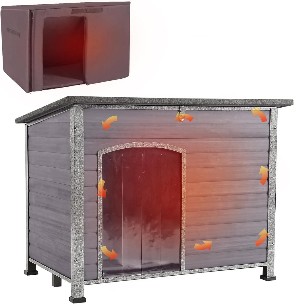 Aivituvin Dog House with Insulated Liner, Outdoor Indoor Weatherproof Dog House for Winter, Suitable for Small & Medium & Large Dogs with Unique All-Around Iron Frame(Grey)