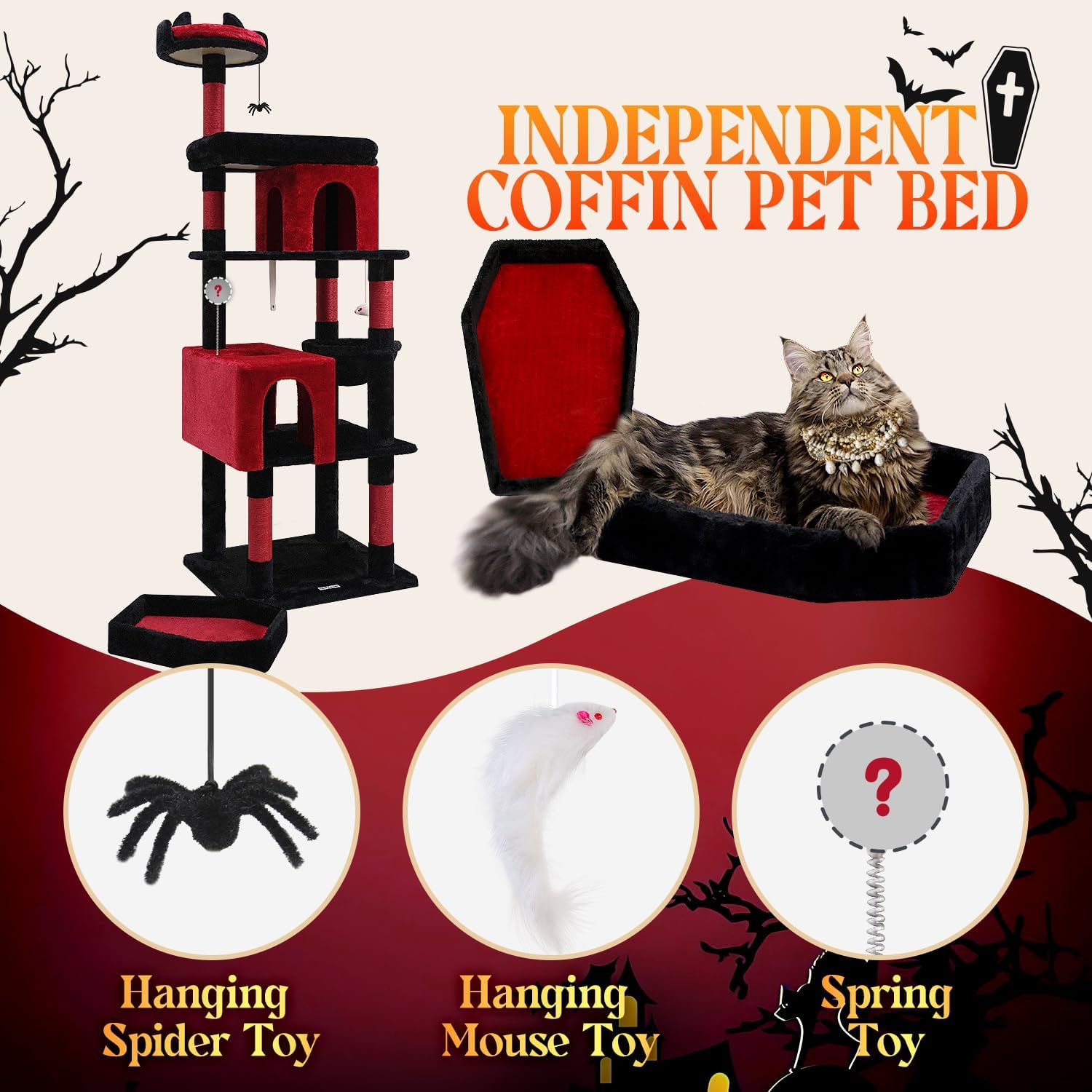 Globlazer Heavy Duty Gothic Cat Tree, 72in Large Cat Tower with Coffin Bed, Sturdy Maine Coon Cat Tree for Large Cats 20 lbs+, Medieval Castle Style with 6 Scratching Posts & Hammock, S72, Black & Red