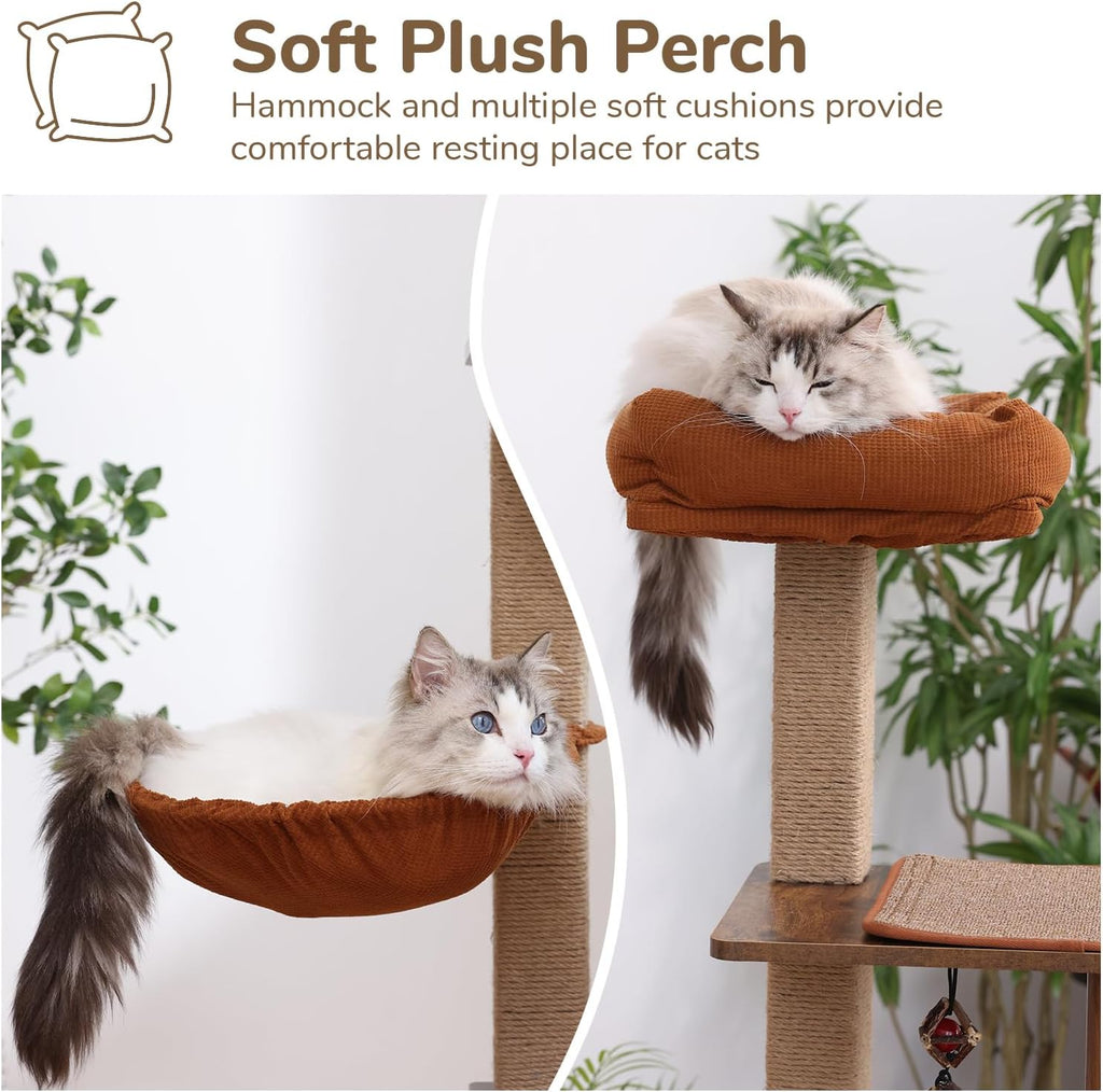 FUKUMARU Cat Tree, 4 in 1 Large Modern Cats Tower with Jute Scratching Post and Hammock, Wood Cat Condo with silvervine Balls, Brown Cat Climber Stand Playhouse for Indoor Cats, Retro Style
