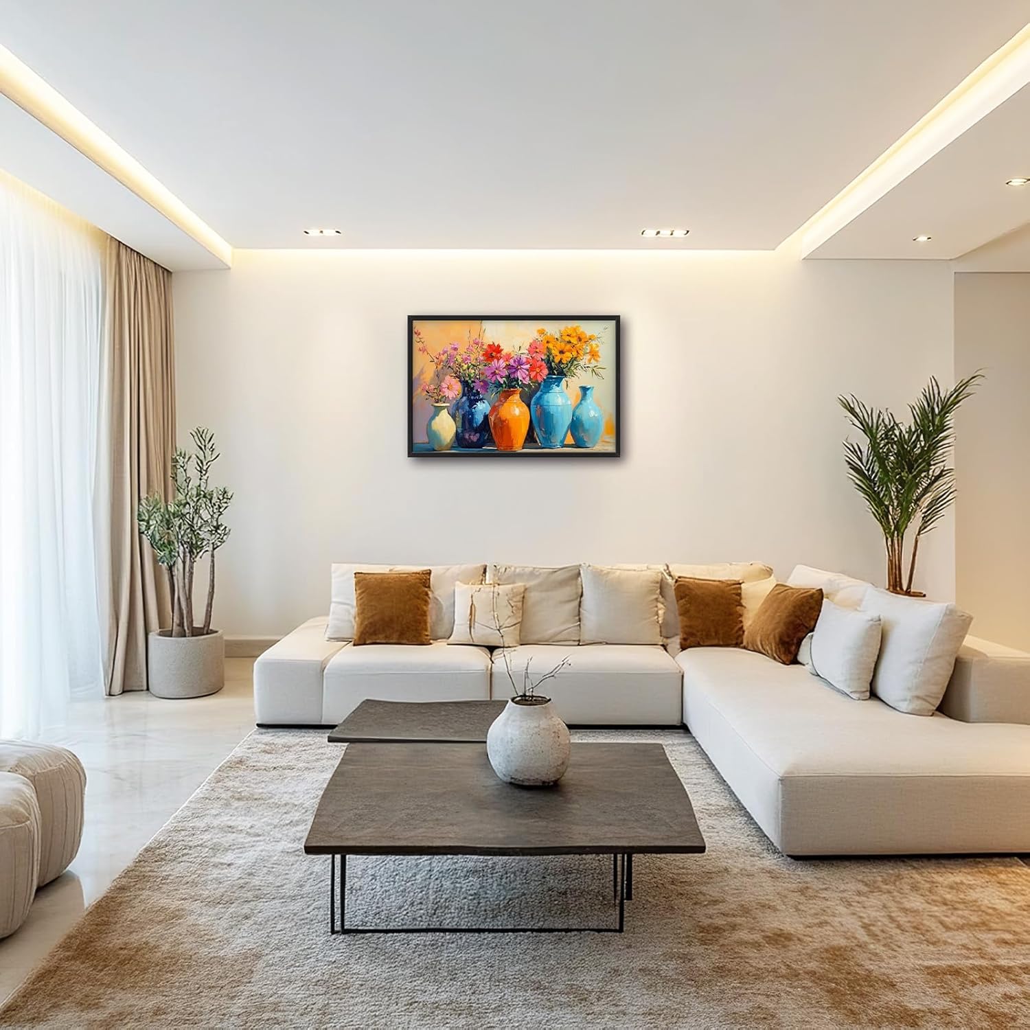 Large Colorful Floral Wall Art for Living Room, Framed Oversized Asian Flower Vase Decor Canvas Painting Sunlight Pictures Modern Artwork for Bathroom Bedroom Office Dining Room 36"x24"