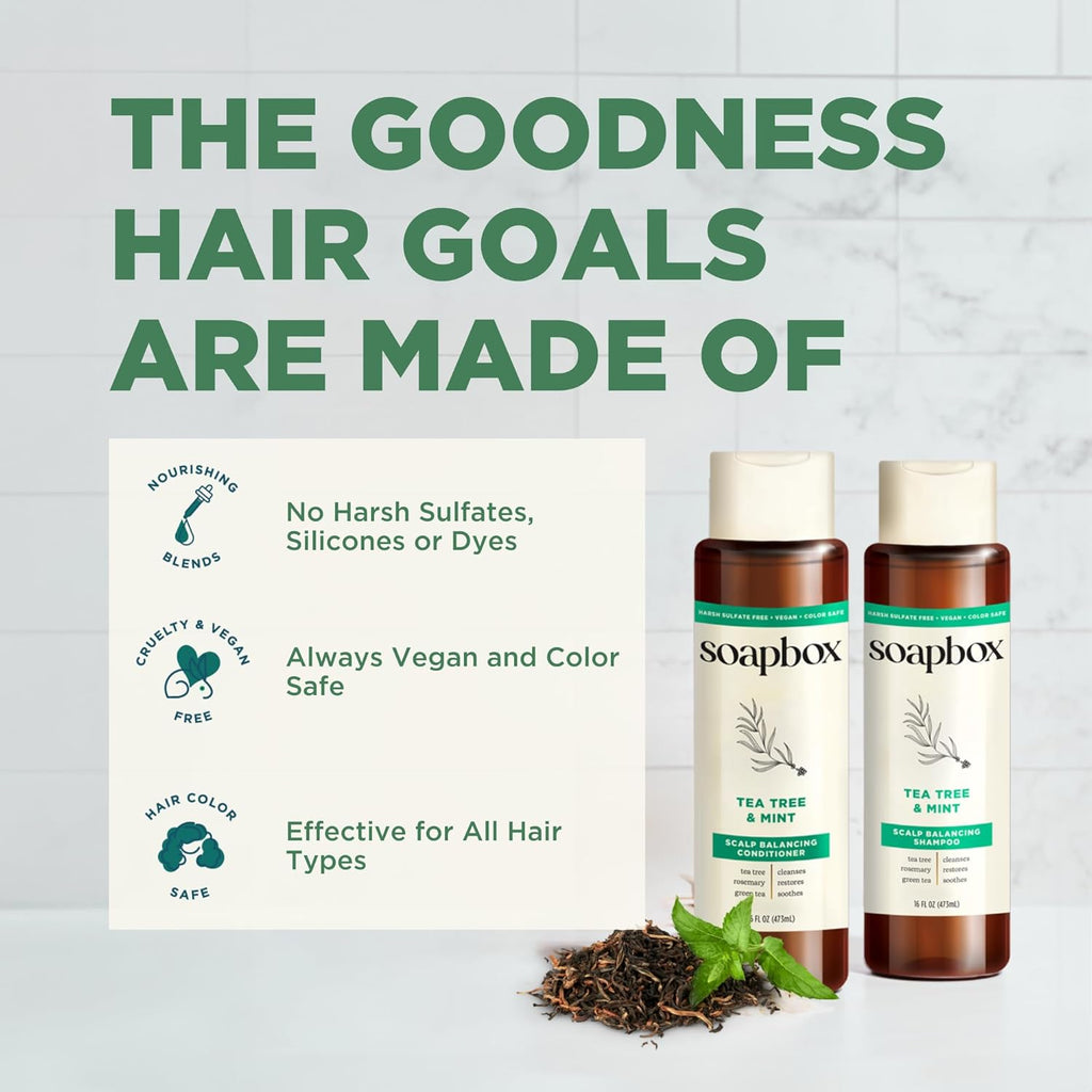 Soapbox Tea Tree Shampoo and Conditioner Set, Scalp Balancing with Tea Tree Oil, Jojoba Oil, Aloe and Shea Butter to Clean and Purify for All Hair Types, 1 Liter Each (Pack of 2)