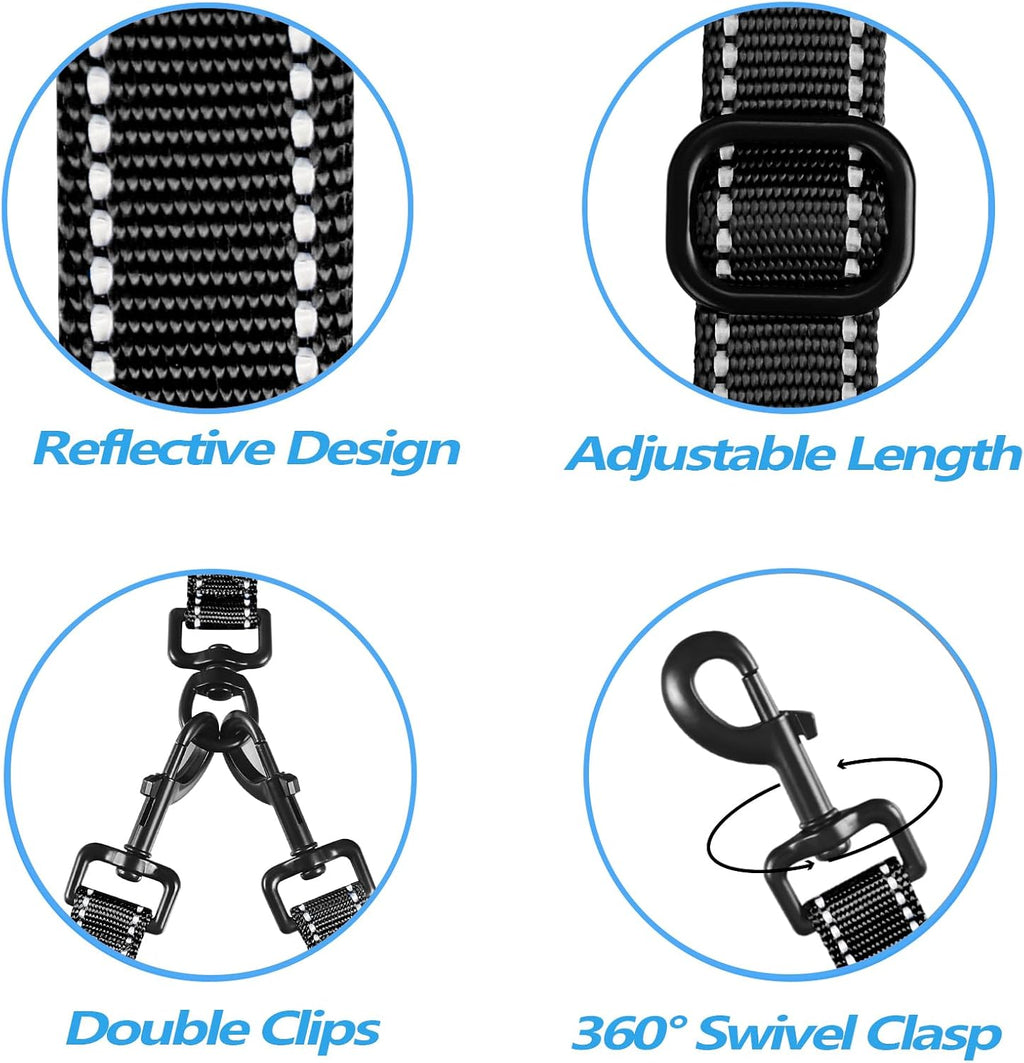 PetBonus Double Dog Leash, No Tangle Dual Leash, Reflective Walking Training Lead, 4 Comfortable Padded Handles for 2 Dogs with Collapsible Bowl and Waste Bags (Black, Large)