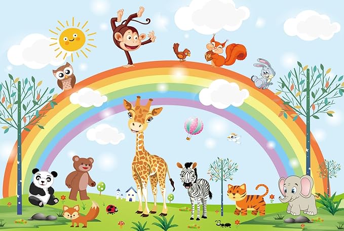 Rainbow Kids Wallpaper Nursery Cartoon Animal Fairy Colorful Wall Mural for Bedroom Living Room (Not Peel n' Stick)