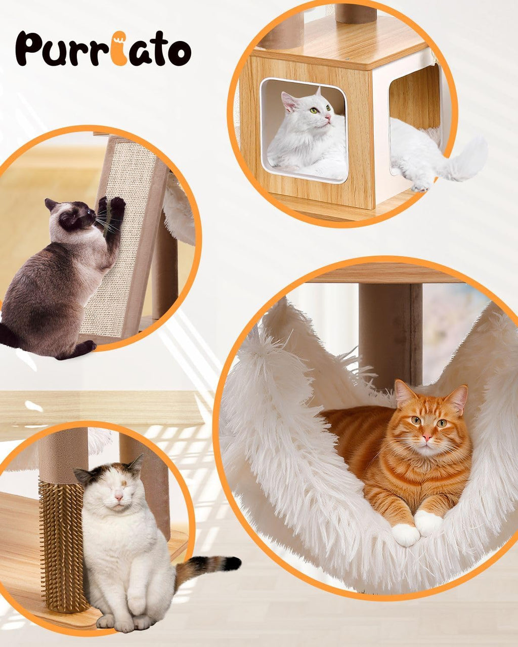 61" Wooden Cat Tree Tower for Indoor Cats, Luxury Modern Wooden Tower with XL Plush Lounge, Hammock & Scratching Posts for Maine Coon 20 lbs