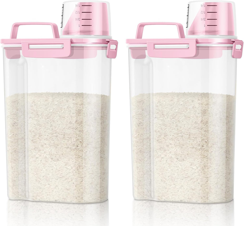 TBMax Rice Container 2 Pack 5 Lbs Cereal Container Storage, Kitchen Pantry Food Storage Holder with Cup, Small Pet Dog Cat Food Container -Pink
