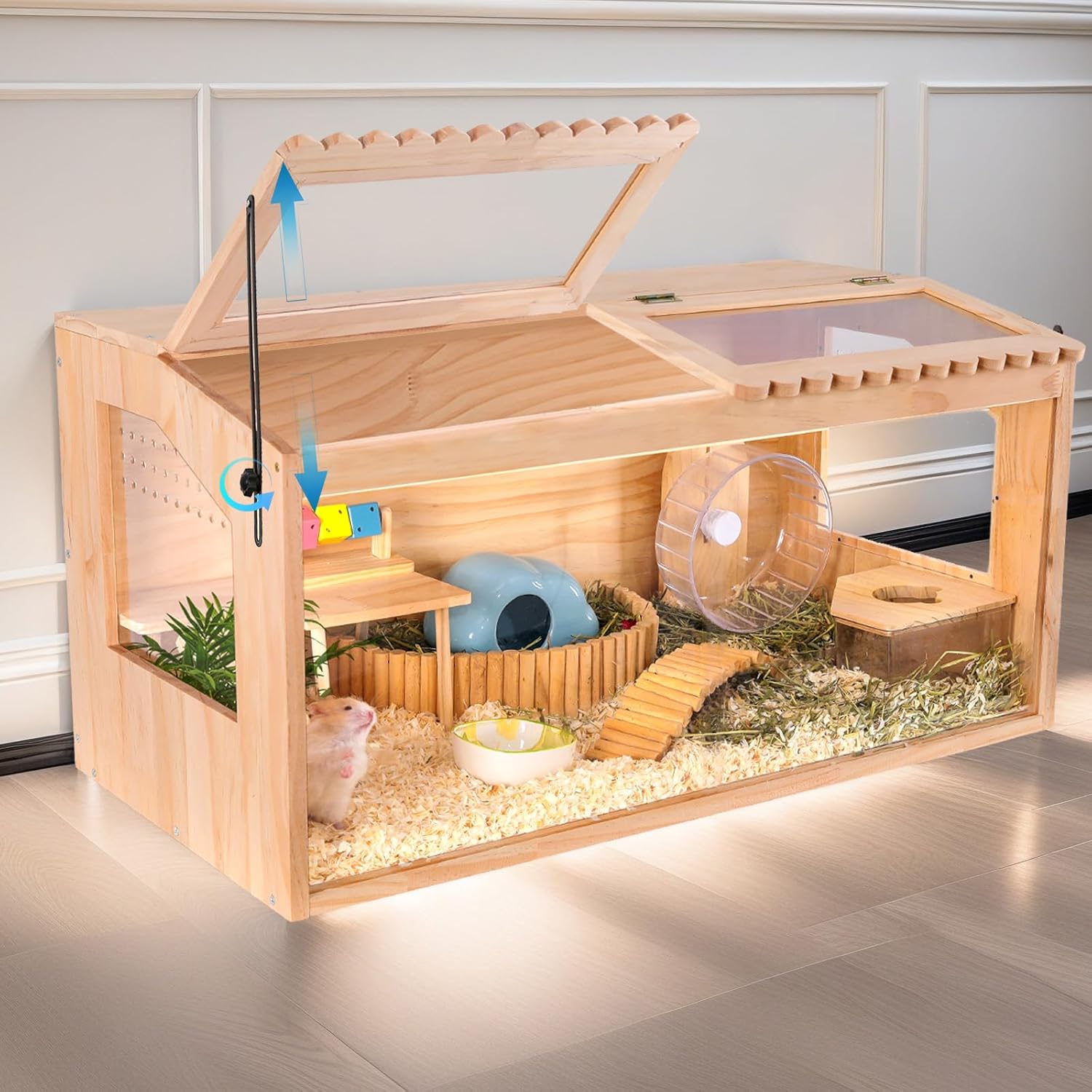 Wooden Hamster Cages and Habitats, 40"x20"x20" Guinea Pig Cage, Small Animal Cage for Dwarf Syrian Hamsters Degus Mice & Other Small Pets. Big Hamster Habitat with 2 Adjustable skylights.