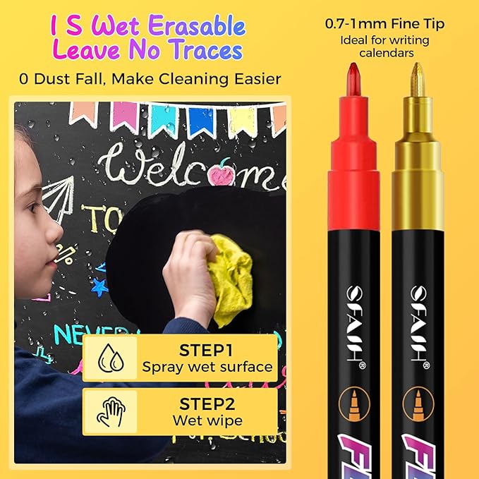SFAIH Liquid Chalk Markers for Bhalkboard - [Highlighter Marker Pen for LED light board], 0.7-1mm Fine Tip, 30 Colors, Chalk Pens for Chalkboard, Calendar, Windows, Glass