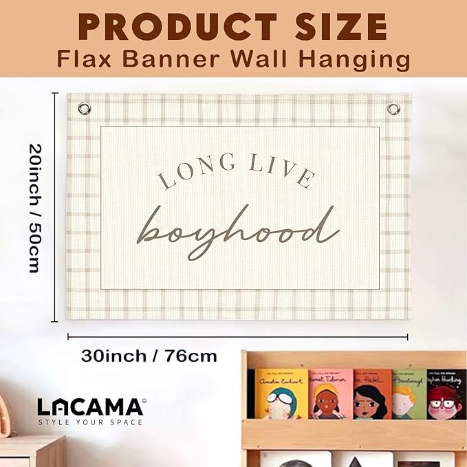 Lacama Long Live Boyhood Banner, Boy Nursery Decor, Canvas Banner Wall Hanging Banner Flag Decor for Nursery Playroom Toddler Room, Boys Kids Room Decor 30x20 Inch