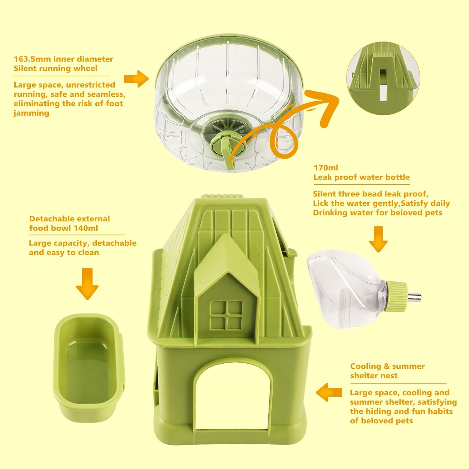 4 in 1 Silent Large Hamster Wheel Multifunctional Hamster Running Wheel Quite Running Spinner Wheel Accessories with Food Bowl Water Bottle for Hamsters Dwarf Gerbil (Green)