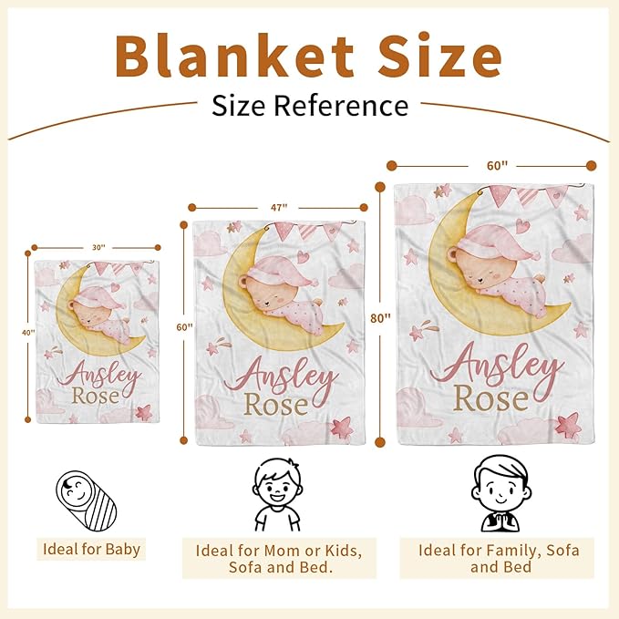 Personalized Baby Blanket for Girls, Custom Name Blanket for Newborn Toddler, Soft Flannel with Double Layer Dotted Backing, Gifts for Baby Shower Christmas Birthday, Pink Moon Bear(30”x40)