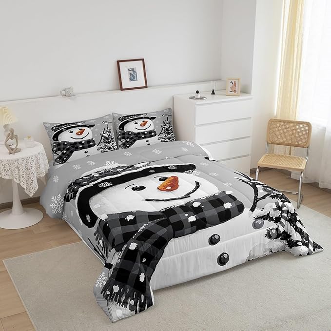 Feelyou Kids Christmas Theme Decorations Bedding Set Xmas Snowman Comforter Set for Boys Girls Snowflake Kawaii Cute Grey Bedroom Collection Full Size