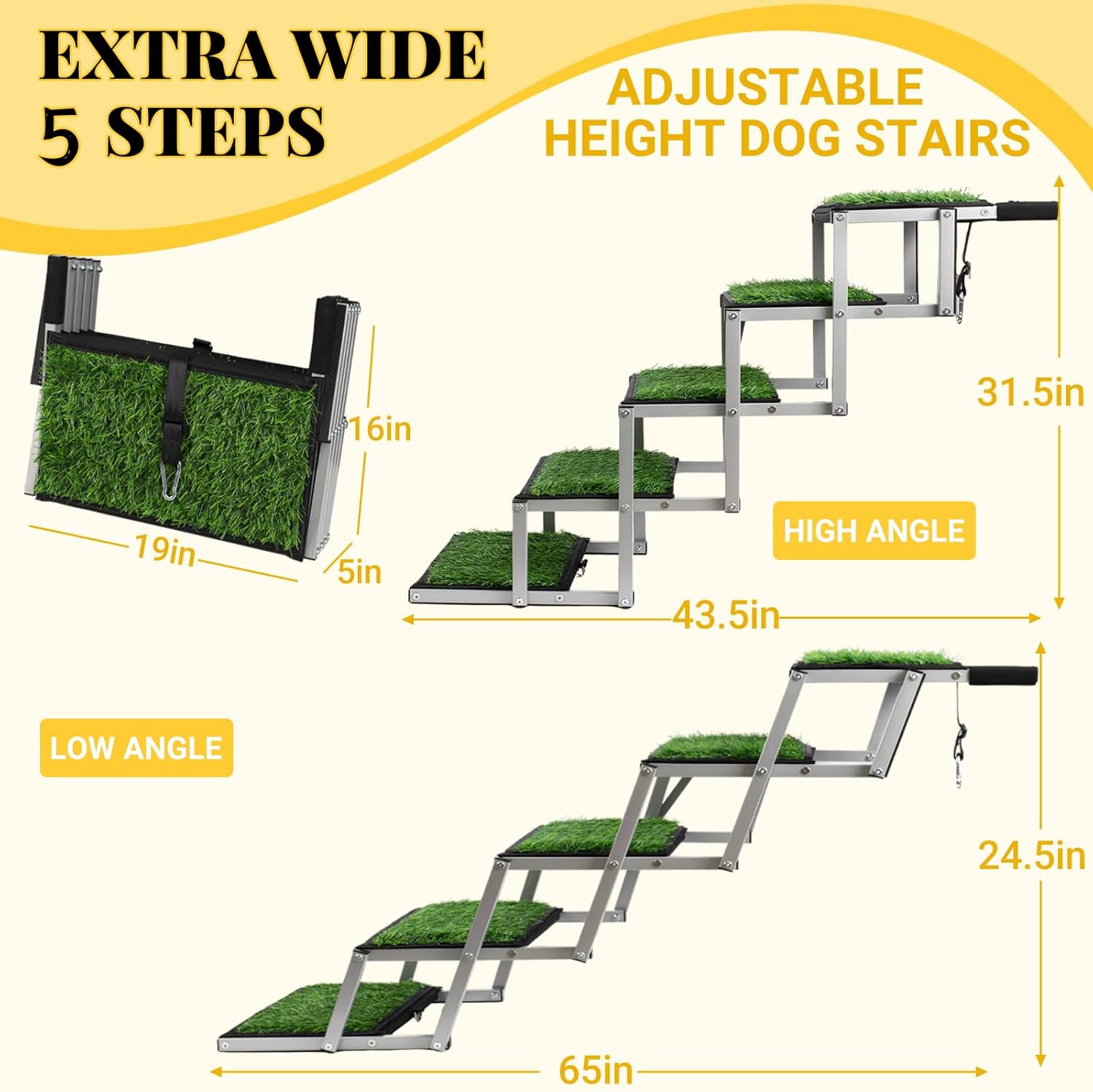 Extra Wide Dog Stairs for Car, Portable Folding Dog Steps for Large Dogs with Non-Slip Grass Rug for Cars, SUV, Trucks, Lightweight Pet Ramps Supports Up to 200 lb, 5 Steps