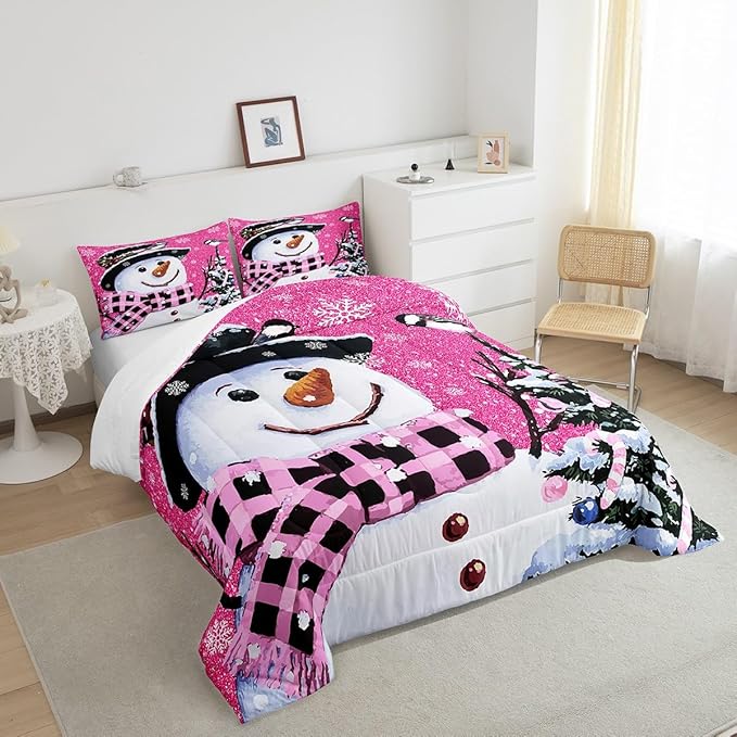 Feelyou Kids Christmas Theme Decorations Bedding Set Xmas Snowman Comforter Set for Boys Girls Snowflake Kawaii Cute Comforter Rose Red Quilt Set Bedroom Collection Toddler Size