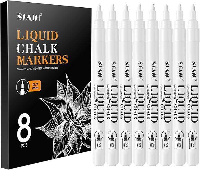 SFAIH Liquid Chalk Markers for Bhalkboard - White 8 Pack 0.7mm Fine Tip, Wet Erase Chalk Marker for Chalkboard, Menu, Bistro, Signs, Windows, Glass, Labels, Dust-Free [1s Wet Wipe] - No Residue