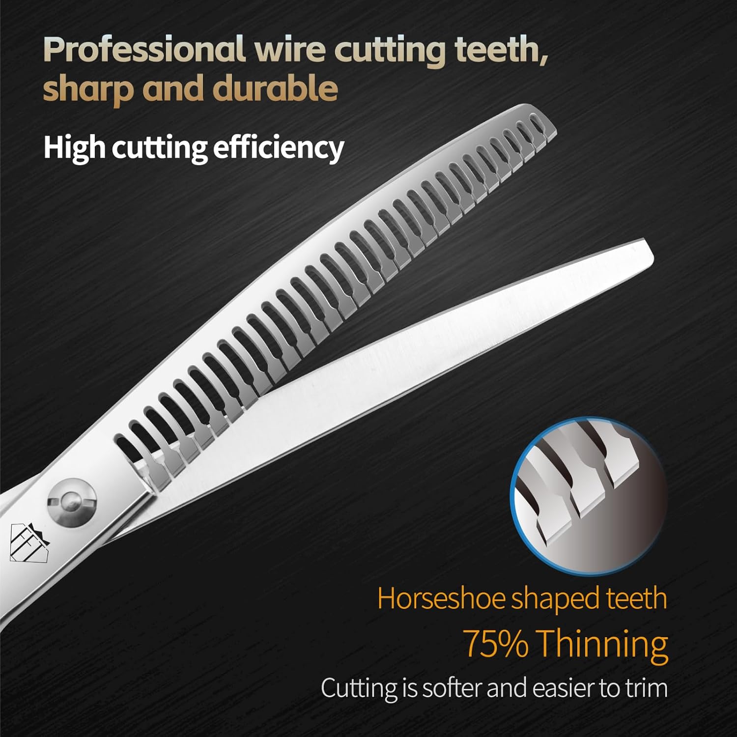 FENICE Professional Pet Grooming Scissors, JP440C Alloy Steel, Curved Chunker with Horseshoe Teeth, 75% Thinning (6.5")