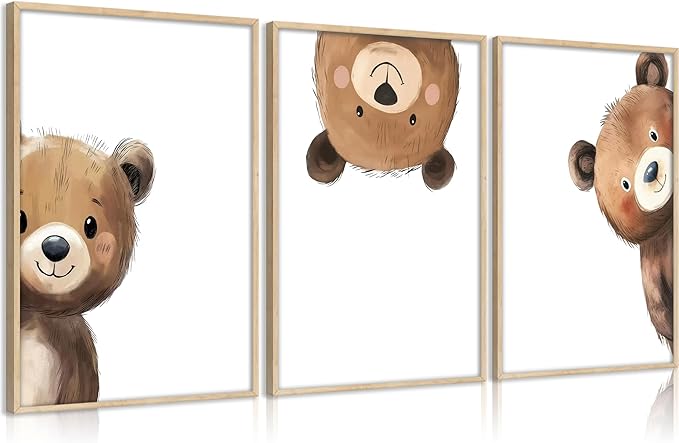 3Pcs Baby Teddy Bear Nursery Wall Art Peeking Bear Pictures Wall Decor Peekaboo Kids Room Decor Woodland Animal Posters Neutral Nursery Painting Canvas Print Artwork for Children's Baby Room Bedroom