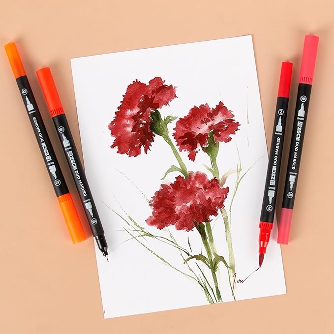 Red Duo Tip Marker Pens, 12 Pack Fine & Brush Markers for Adult Coloring Books No Bleeding, Vibrant Red Markers for Holiday Cards, Bold Lettering, Attention-Grabbing Highlights and Logos