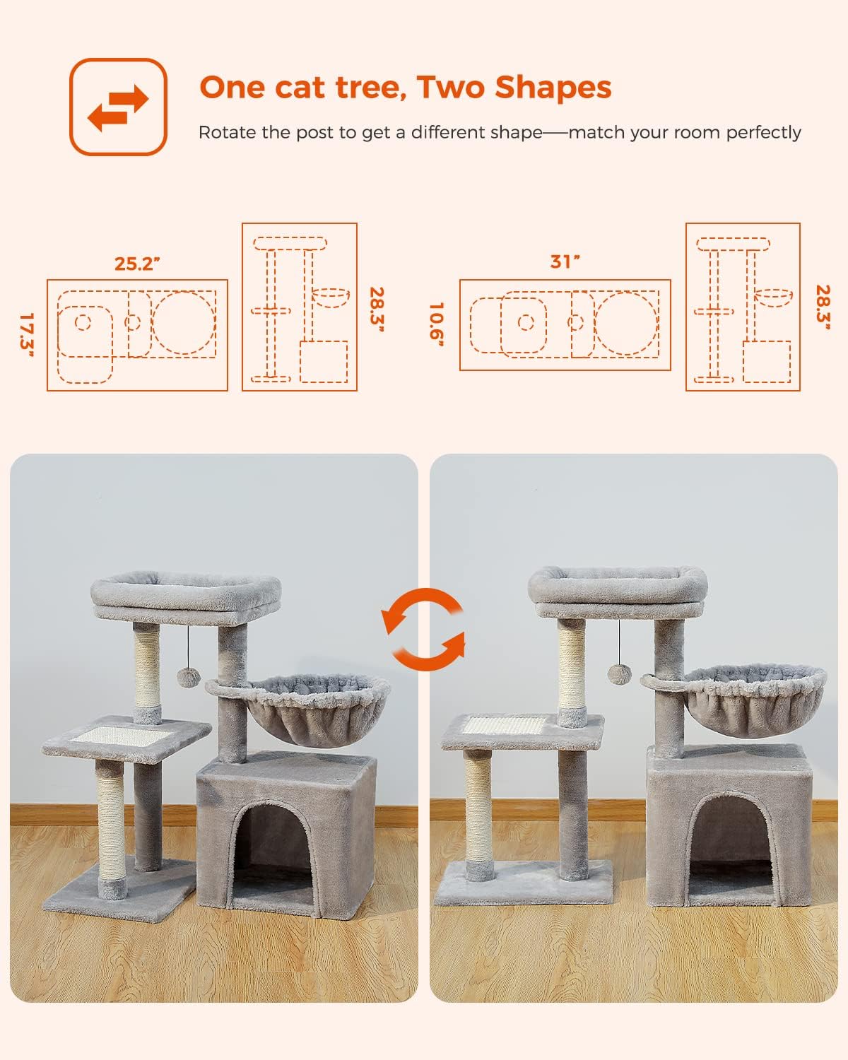 PEQULTI Small Cat Tree, [28.5''] Cat Tower for Indoor Cats, 2 Styles Activity Tree with Cat Scratching Posts, Big Hammock and Removable Top Perch Grey